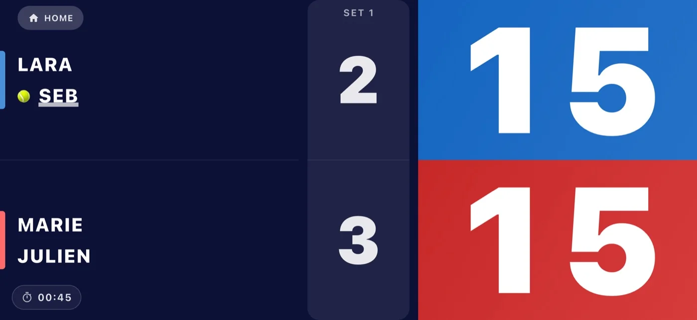 Affichage détaillé : 15 partout, jeux 2-3 dans le set 1
